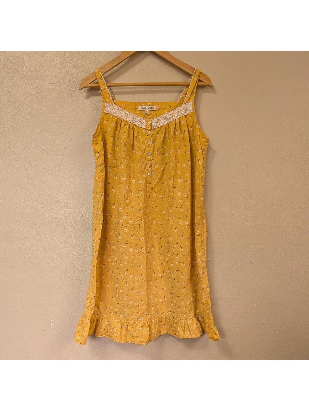 Vintage Inspired Yellow Daisy Print Dress Lace Trim Ruffle Hem Cottagecore Sz L
